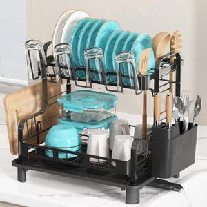 BOOSINY Dish Drying Rack, 2 Tier Large Stainless Steel Black Dish Rack for Kitchen Counter, Drying Rack with Cups Holder, Utensil Holder and Drainboard Set, Dish Strainer Shelf for Kitchen