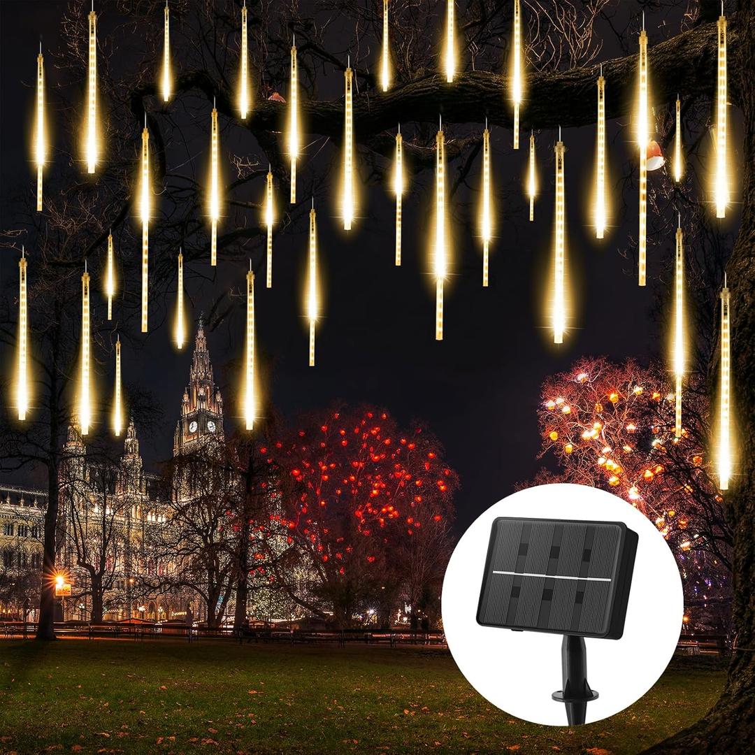 Brightown Solar Meteor Shower Lights Outdoor - 576 LED Rain Drop Lights with 16 Tubes, 16 Inches - Solar Powered Christmas Decorations for Tree Bushes Holiday Party Christmas Decor, Warm White