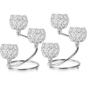 Metal Crystal Candle Holder Set of 3 - Elegant 5-Arm Metal Tea Light Centerpiece with Shining Crystal Bowl, Wedding Anniversary Table Decor for Dining, Party (Silver, 2 Pcs 3 Arm)