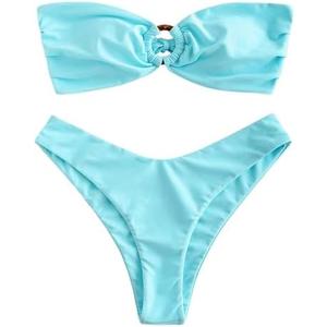 ZAFUL Women's Bandeau Bikini O Ring Strapless Tie Back High Cut Two Piece Swimsuit Bathing Suits, Size Large