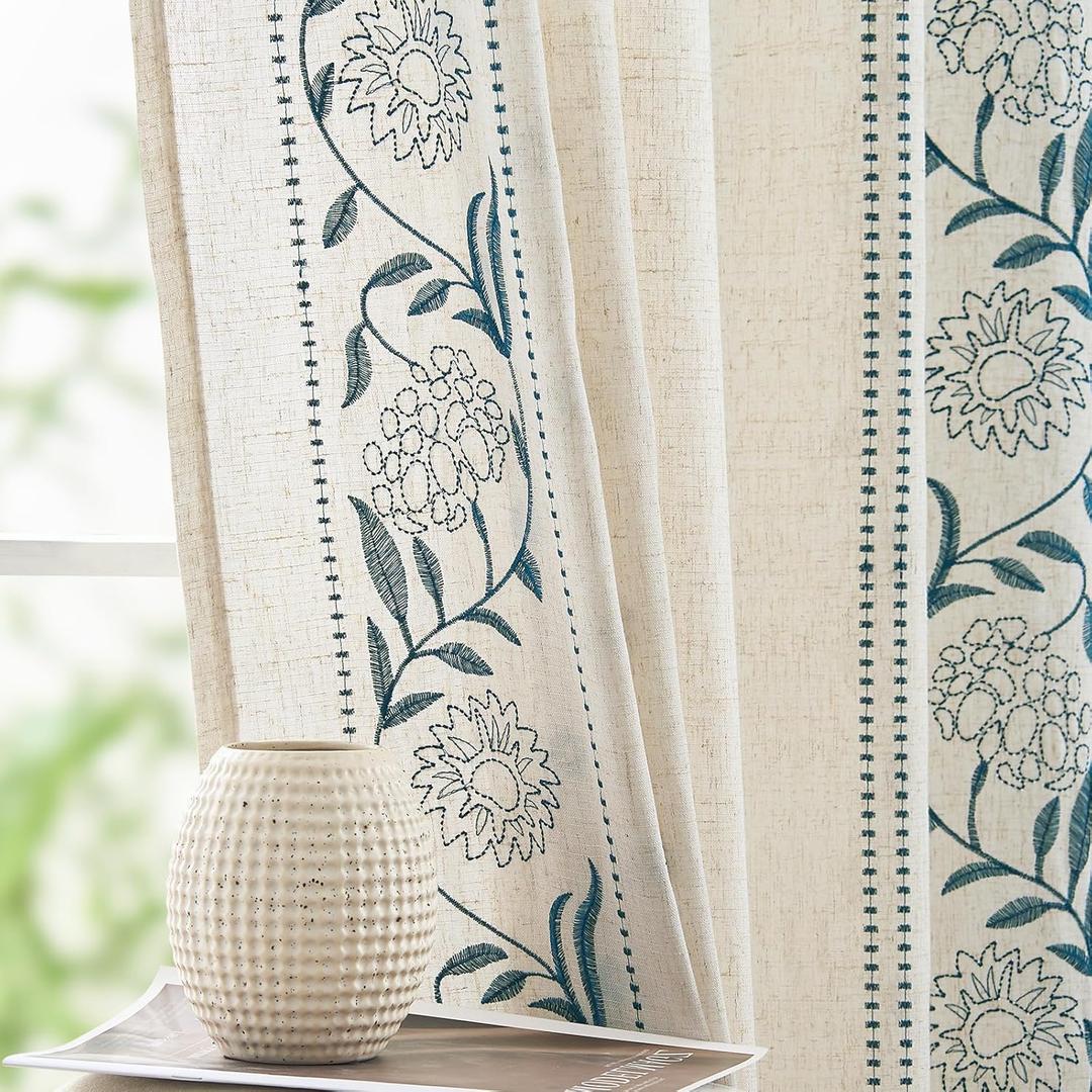 jinchan Linen Curtains for Bedroom 50"W X 90" L Linen Blended Embroidered Floral Curtains for Living Room Farmhouse Decor Light Filtering Window Treatments Blue on Beige Drapes 2 Panels