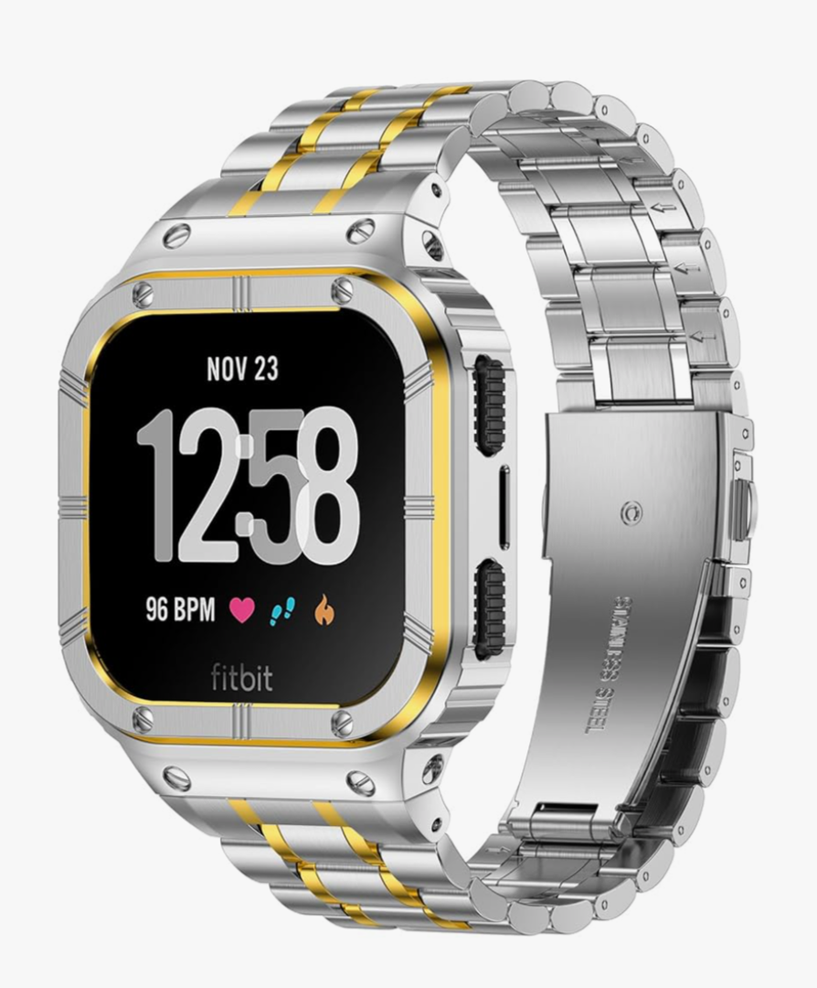 Stainless Steel Watch Band with Case Compatible for Fitbit Versa/Fitbit Sense Bands, Rugged Protective Bumper Metal Wristbands for Men Women