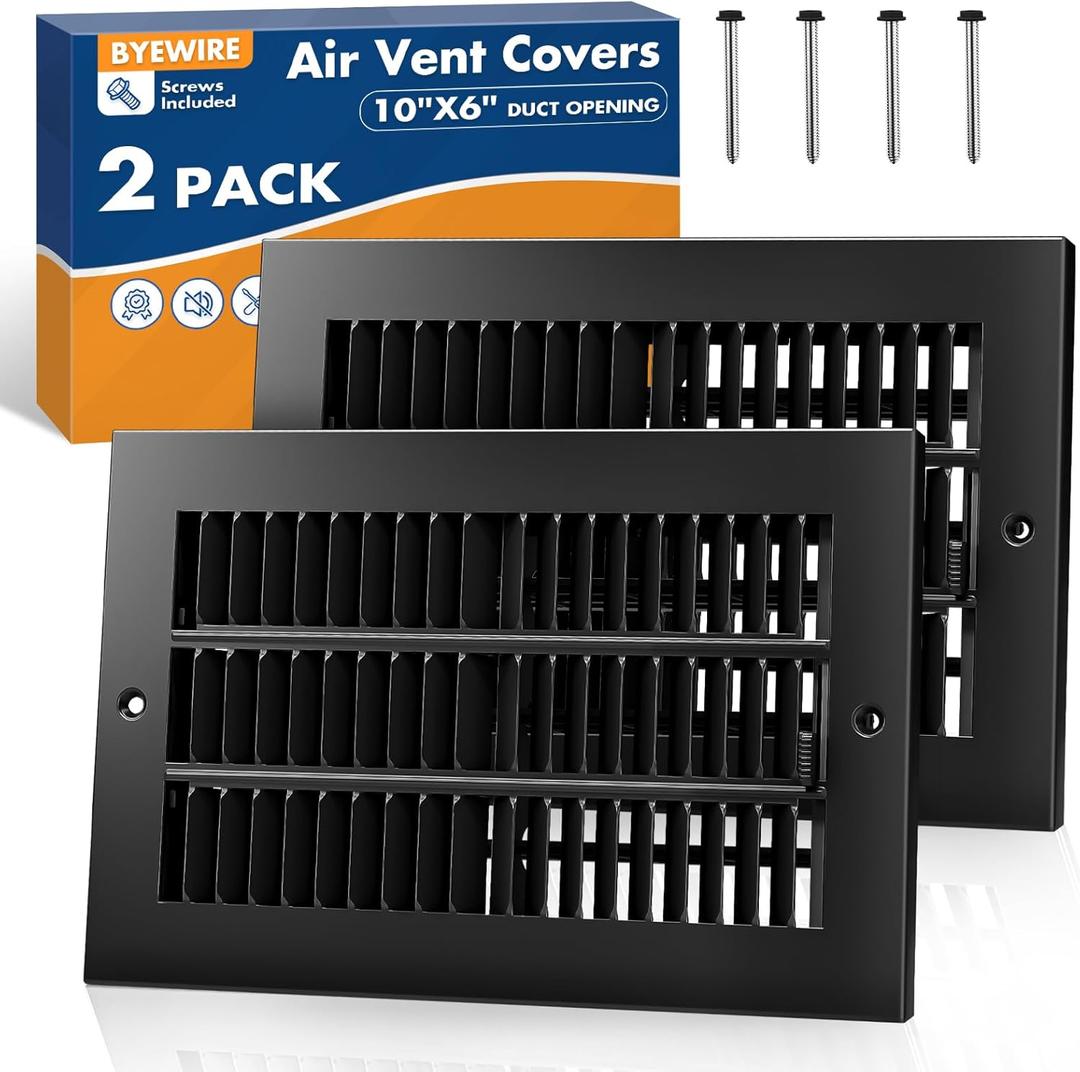 10 x 6 Inch (Duct Opening) 2-Way Vent Casing Black Sidewall and Ceiling Exhaust Covers, Rugged Solid Steel HVAC Covers, 2 Pack Black Vent Covers