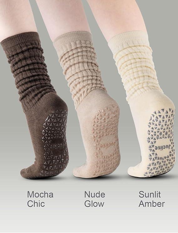 Juclise Non-Slip Yoga Socks for Women Breathable Grippy Workout Socks for Pilates Barre Gym & Meditation (US, Alpha, Medium, Regular, Regular, Sunlit Amber + Nude Glow + Mocha Chic)