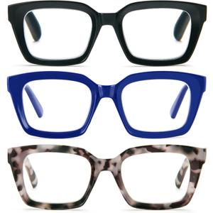 REAVEE 3 Pack Oversized Reading Glasses for Women Men Blue Light Blocking, Ladies Stylish RetroSquare Large Computer Readers (Black Blue Grey Leopard 1.75x)