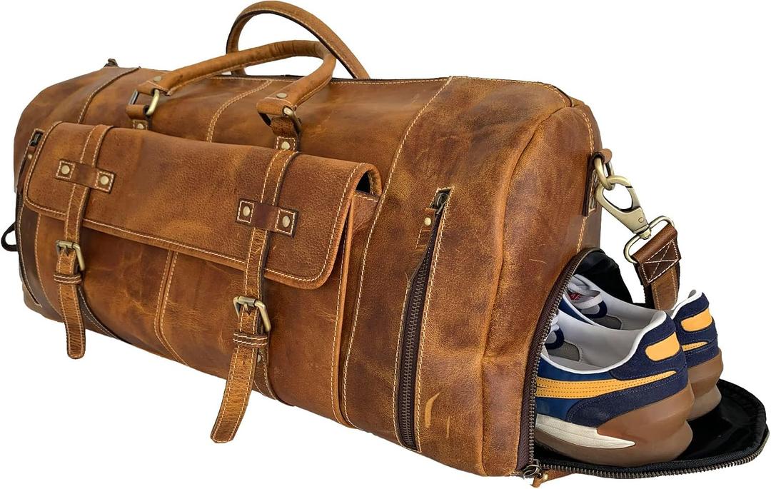 KomalC Leather Duffle Bags for Men and Women Travel Overnight Weekend sports bag holdall Gym Duffel for Men, 24 Inch
