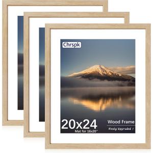 20X24 Poster Frame, Display Pictures 16X20 with Mat or 20X24 Without, Wall Hanging Frames, Natural Oak, 3 Pack