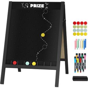 INNOVART A-Frame Chalkboard Sign, Sidewalk Sign 41" x 28" w/Chalk and Eraser, Prize Drop Plinko Board Foldable Stand Disk Drop Board Game with 16 Playing Pucks for Restaurant, Business or Events