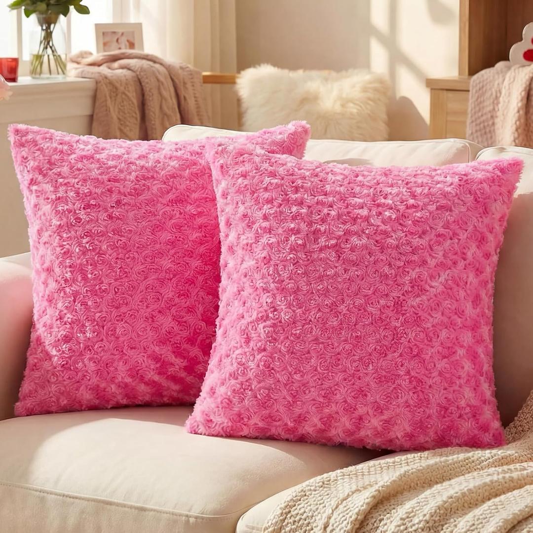 FUTEI Hot Pink Decorative Throw Pillow Covers 18x18 Inch Set of 2,Soft Solid Rose Swirl Textured Cushion Case,Valentine's Day Decor for Couch Living Room