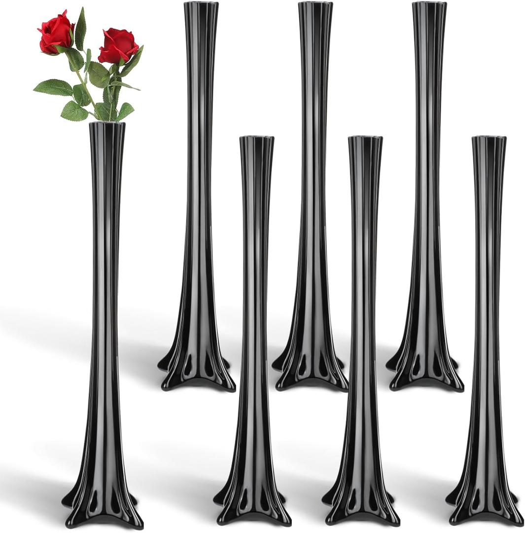 Roshtia 6 Pcs Eiffel Tower Vase Bulk 16 Inch Flute Vases Tall Glass Long Skinny Base Glass for Wedding Centerpiece Flowers Home Table Decorations Formal Dinners (Black)