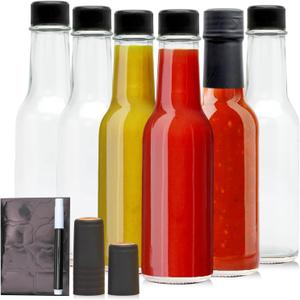 Brajttt 5oz Glass Bottle, Clear Woozy Bottles with Shrink Capsules,Empty Small Beverage/Canning Bottles with Black Caps for Kitchen and Party,6 Pack