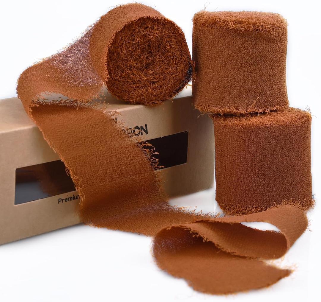 3 Rolls Rust Red Handmade Fringe Chiffon Ribbon 1.5" x 7Yd Yard Silk-Like Colorful Rustic Ribbon for Bouquets Wrapping Decor Wedding Tie Invitations Crafts