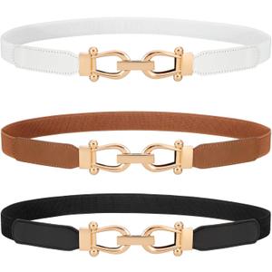 WERFORU 3 Pack Women Skinny Elastic Waist Belt Gold Buckle Stretchy Thin Belt for Jeans Dress (A-black+brown+white)