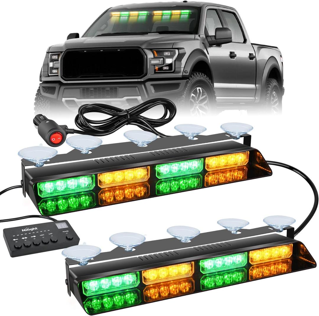 Nilight 32LED Amber Green Emergency Dash Strobe Lights with Controller Suction Cups Warning Hazard Interior Front/Rear Windshield Deck Split Light Bar for Truck Construction Vehicle