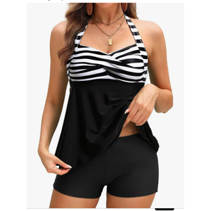 Tankini Swimsuit Bathing Suit 2024 - Women Two Piece with Shorts Halter Twist Front Flowy Top Retro Swimwear Medium