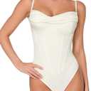 Popilush Corset Bodysuit for Women Tummy Control Shapewear Bodysuits Cowl Neck Going Out Tops Thong Body Suit Concert Outfits (Large, Beige)