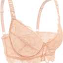 Plus Size Sexy Lace Bra Sheer See Through Bralette Underwire Vintage Maiden Lingerie (34D, Beige)