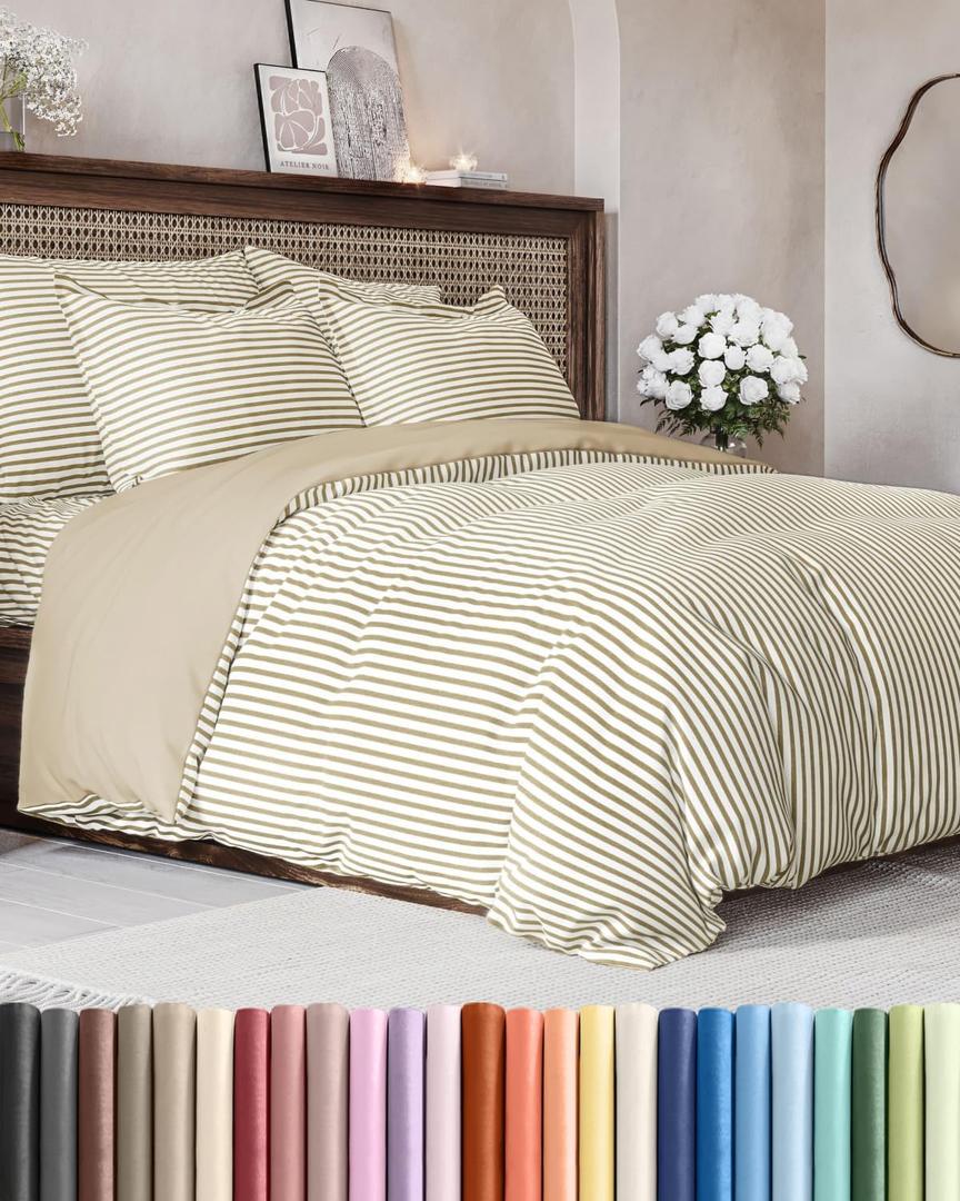 Duvet Cover Full Size Set - Extra Soft Full Duvet Cover 80" x 90" with 2 Pillow Shams - Hotel Luxury, Easy Care & Fade Free with Zipper Closures and Ties - Comfy, Cozy and Breathable (Beige Stripes)