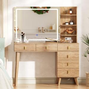Fluted Makeup Vanity Desk with Large Mirror and Lights,Modern Glass Top Big Vanity Desk with 6 Drawers & Storage Shelves, Vanity Table with Power Outlet, Dressing Table for Bedroom,Oak