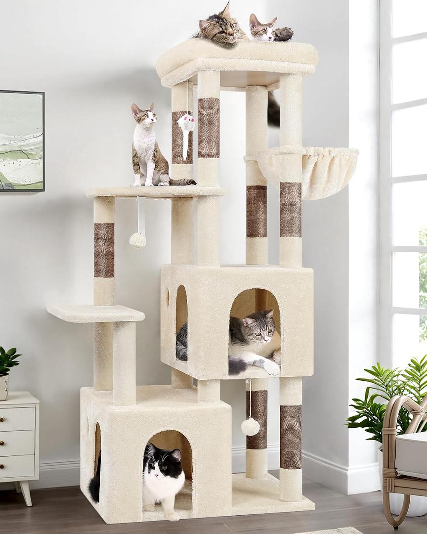 Globlazer Cat Tower for Indoor Cats, Heavy Duty Cat Trees for Large Cats Adult Big Cats Maine Coon Cat Tree Tower with Scratching Post, Extra Large Top Perch, Cat Condos, F61, Beige, 61inch