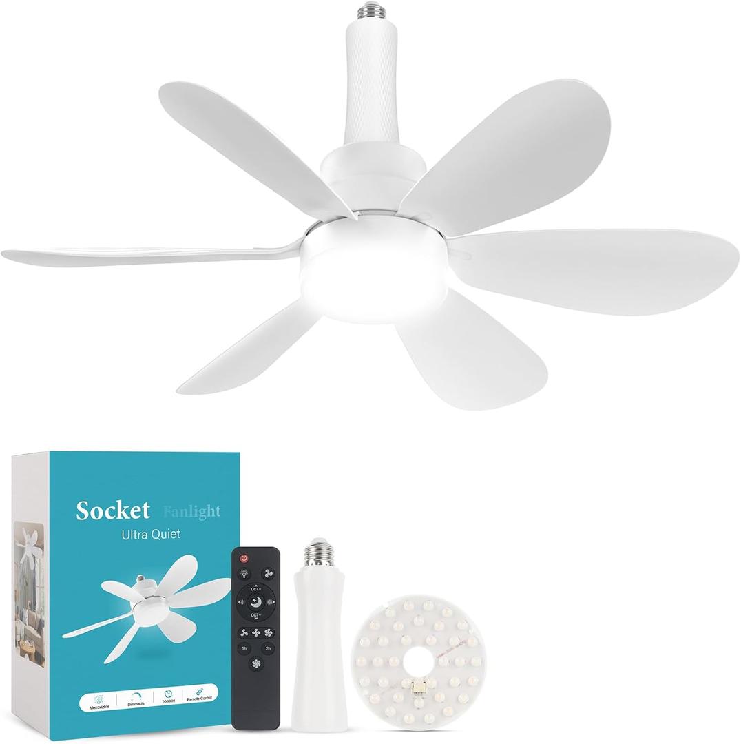Socket Fan Light with Remote, Fan Light Bulb with Spare LED Replacement Board, E26 Socket Fanlight Dimmable for Kitchen Garage Laundry Storeroom Basement White