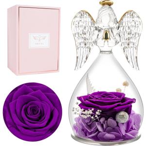 Miofula Preserved Flower Rose Birthday Gifts for Mom, Angel Figurines with Forever Real Rose Gifts for Her Mom Grandma, Angels Gifts for Mothers Day Christmas Anniversary Thanksgiving Birthday (Purple)