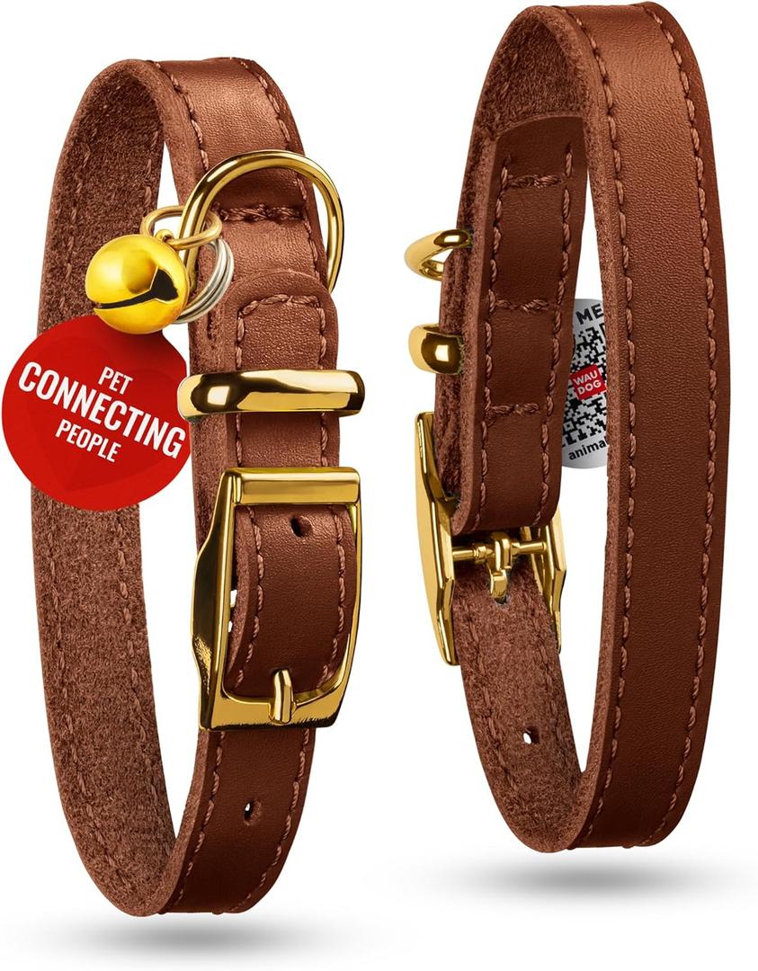 WAUDOG Leather Cat Collar with Removable Bell and QR ID Tag for Small, Medium and Large Breeds Adjustable Long Lasting Classic Kitten Collars Boy & Girl (6" - 8", Brown)
