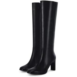 Coutgo Womens Square Toe Knee High Boots Leather Chunky Heel Fashion Dressy Winter Shoes with Side Zipper, Size 8