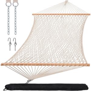 SUNCREAT Double Rope Hammock with Spreader Bar, Carrying Bag, 450 lbs Capacity, Two Person Hammock with Tree Hooks, Beige