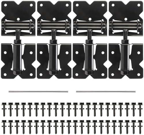 Self Closing Gate Hinges Heavy Duty for Vinyl/Wooden Fence Gates, 90 Degree Adjustable Gate Door Hinges Hardware Kit with Swing Adjuster Tool and Self-Tapping Screws, 4 Pack, Non-Weld Black Finish