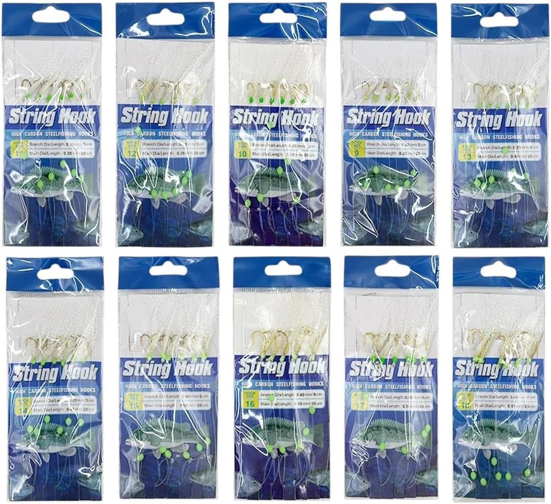10pcs/Bag 6 Hooks Luminous Sabiki Rigs Saltwater Real Fish Skin String Hook Maickerel Feathers Fishing Lures Fishing