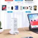 Tower Power Strips with Surge Protection, 6FT Flat Extension Cord with Multiple Outlets, 12 AC 4 USB Ports, Overload Protection Charging Station for Office Home Dorm Room Travel (White)