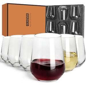 Stemless Wine Glasses Set of 6, 15oz Clear Drinking Glassware Dishwasher Safe, Wine Glass Tumblers for Red or White, Gift for Party, Holiday, Anniversary, Restaurant, Home Bar, Daily Use