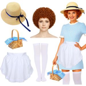 Mepase 6 Pcs Halloween Snack Cake Costume Women Food Costume Accessories Include Curly Hair Wig Apron Straw Hat Woven Basket Socks for Adults Cosplay Dress up Party