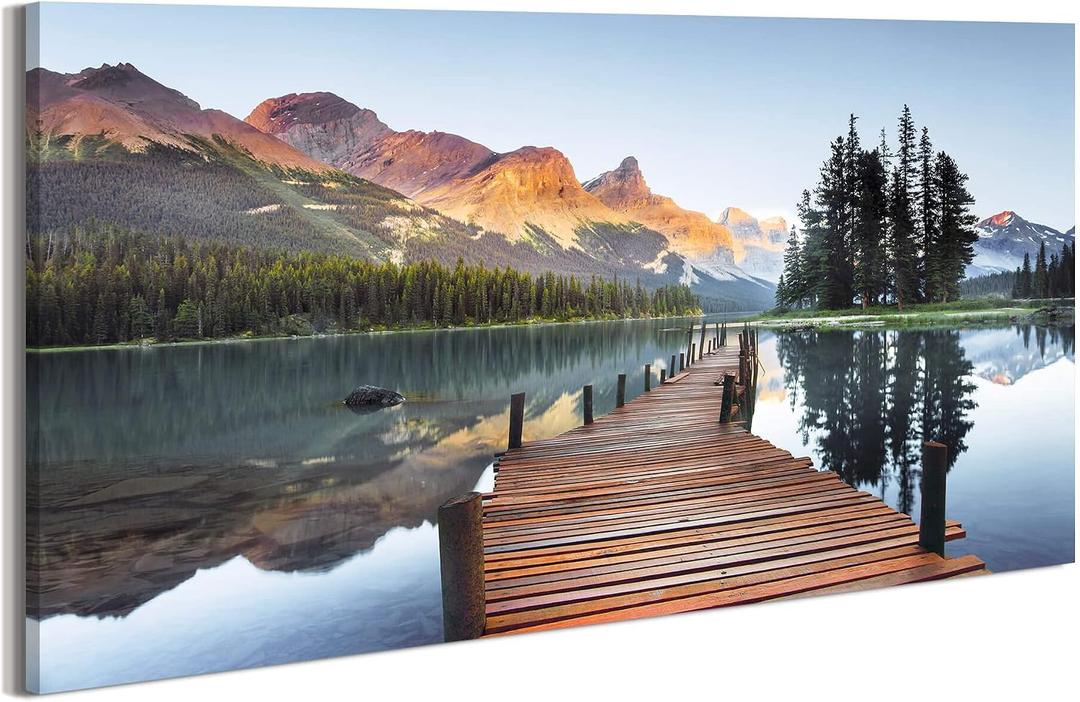 Lake Wall Art Canvas Decor: Nature Scene Landscape Print Mountain Forest Scenic Picture Dock Scenery Painting Artwork for Bedroom Living Room Office Decorations 40 x 20 Inches