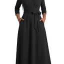MarryUP Women's Maxi Dresses V Neck 3/4 Sleeve Casual Flowy Long Church Dress with Waist Belt Black L