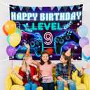 Video Inspired Game Birthday Backdrop Level 9 Happy 9th Birthday Party Banner Background 9th Boys Video Party Game Decorations Party Supplies 5×3ft