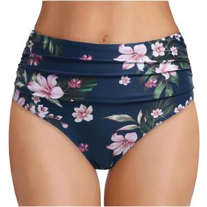 Tempt Me Women's High Waisted Bikini Bottom Tummy Control Ruched Bathing Suit Swim Bottom (Large, Blue Flower)