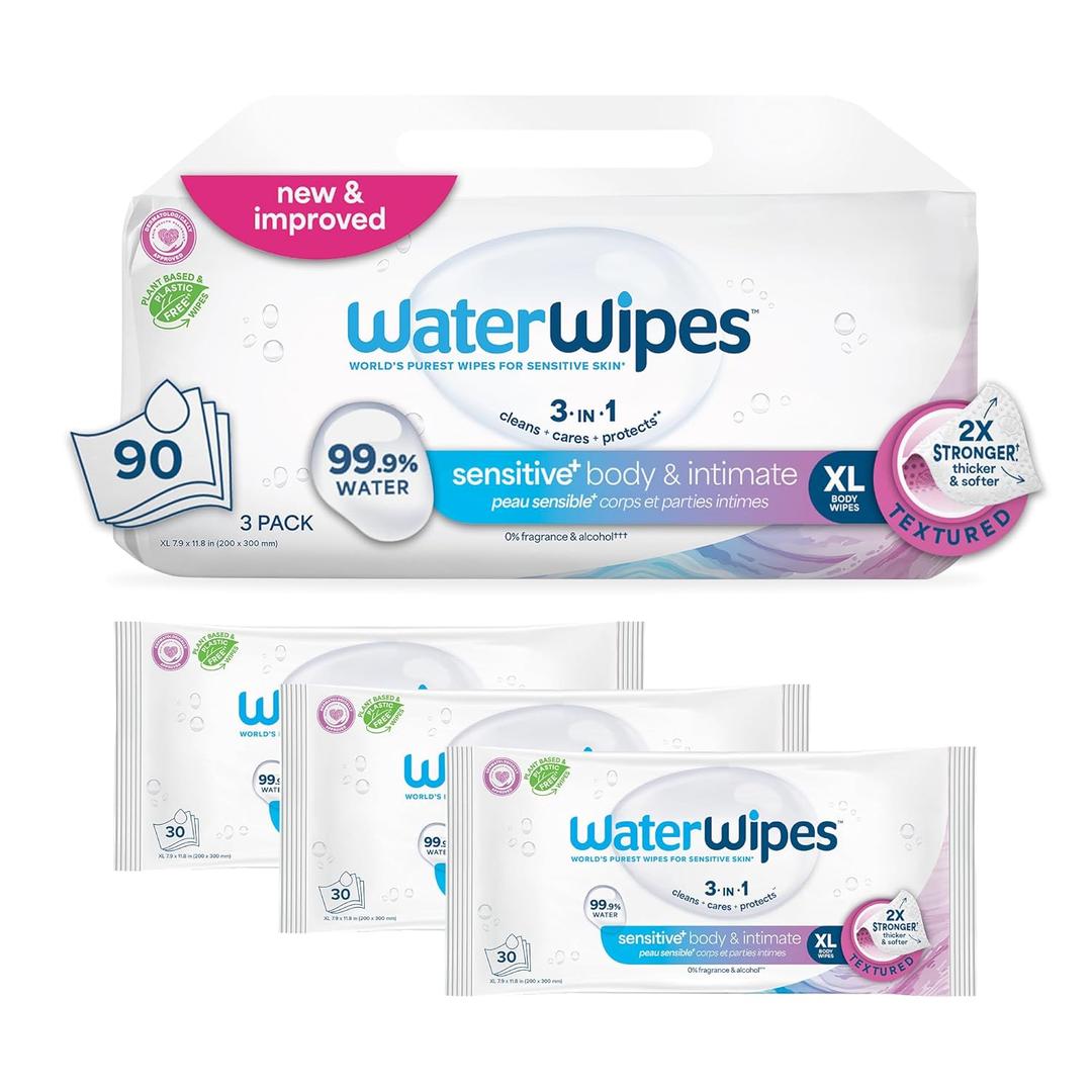 WaterWipes Sensitive+ Body & Intimate Wipes, 3-In-1 Cleans, Cares, Protects, 99.9% Water, Unscented & Hypoallergenic Hygiene Wet Wipes, Adult Care, 90 Wipes (3 Packs)