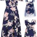 PopReal Mommy and Me Dresses Floral Print Cold Shoulder Ruffle Backless Strap Romper Beach Midi Dress Summer (3-6 Months, Dark Blue)