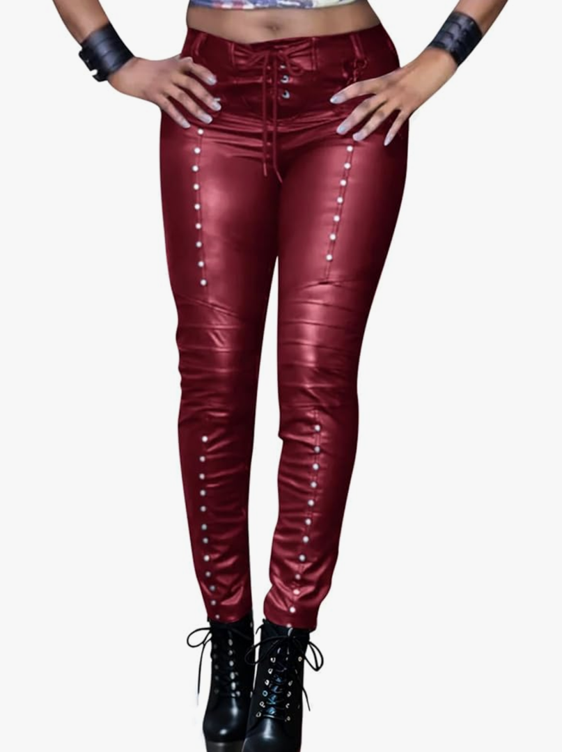 Women's Faux Leather Leggings Gothic Punk Skinny PU Leather Pants Mid Rise Novelty Studded Tight Pants, XL