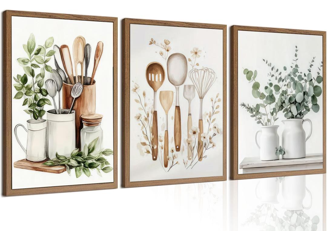 3Pcs Green Botanical Kitchen Wall Art Boho Farmhouse Wall Decor Unframed