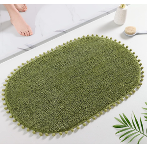 YIRDDEO Olive Green Pom Bath Rug for Bathroom Non Slip, Cute Boho Pom Oval Absorbent Shower Mat, Plush Soft Washable Rug (20x30 inches)