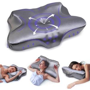Pain Relief Cooling Pillow for Neck Support Adjustable Cervical Pillow Side Sleeping Memory Foam with Super Soft and Cooling Satin Pillowcase Grey