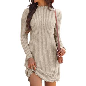Women's Knit Long Sleeve Sweater Dress Lettuce Trim Mock Neck Tunic Dress Fall Winter Casual Trendy Outfits (Apricot), S