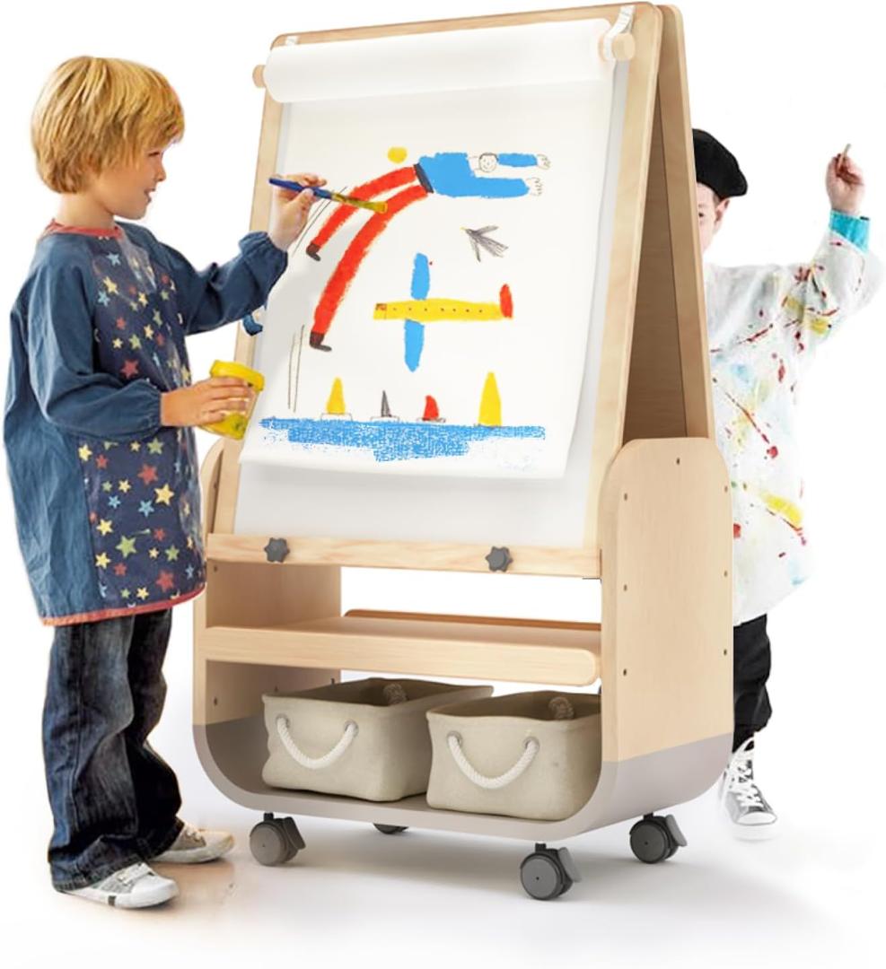 BanaSuper 3-in-1 Kids Art Easel with Wheels - Height Adjustable, Dual-Sided Magnetic Chalkboard & Whiteboard, Storage Bags Included - Mobile Art Station for Children, 25"x21" Extra-Large Drawing Board