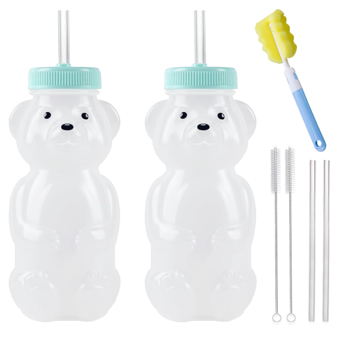Honey Bear Straw Cups, Juice Bear Bottle Drinking Cup Long Straws with 4 Flexible Straws & Cleaning Tools, 8-Ounce Therapy Sippy Bottles for Speech and Feeding Training, Food-Grade & BPA Free 2 Pack