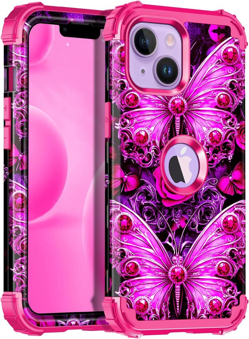 Miqala Compatible with iPhone 13 Case,iPhone 14 Case,Glow in The Dark Three Layer Heavy Duty Shockproof Hard Plastic Bumper+Soft Silicone Protective Case for iPhone 13/14 6.1 inch,All Purple