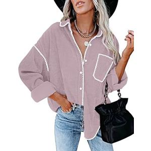 ZESICA Womens Corduroy Shacket Jacket Long Sleeve Button Down Shirt Oversized Blouses Tops with Pockets M