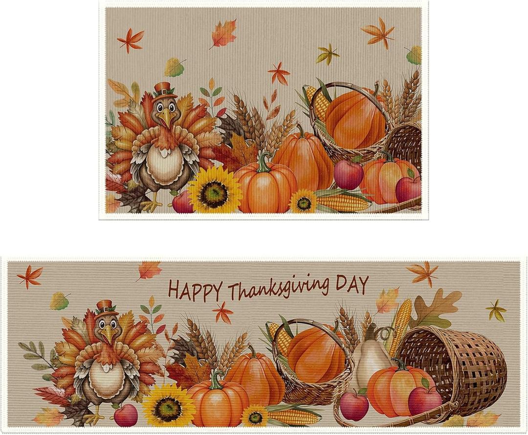 2Pcs Chicken Mat for Kitchen Floor,Thanksgiving Kitchen Rugs,Rooster Rugs for Kitchen,Fall Farmhouse Kitchen Rugs for Autumn Indoor Outdoor Entryway Bathroom Decor,15.74"x23.62"and 15.74"x47.24"